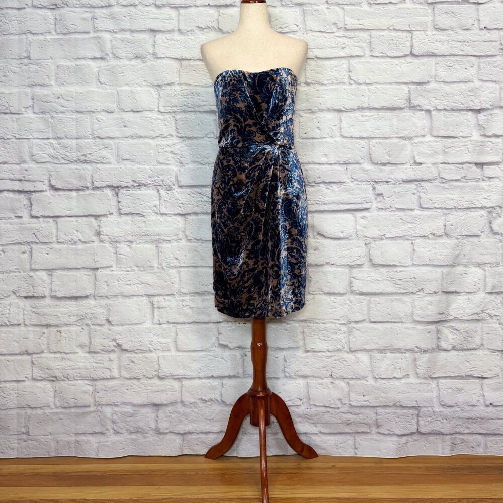 Anthropologie Project Alabama Tan & Navy Blue Velvet Paisley Strapless Dress